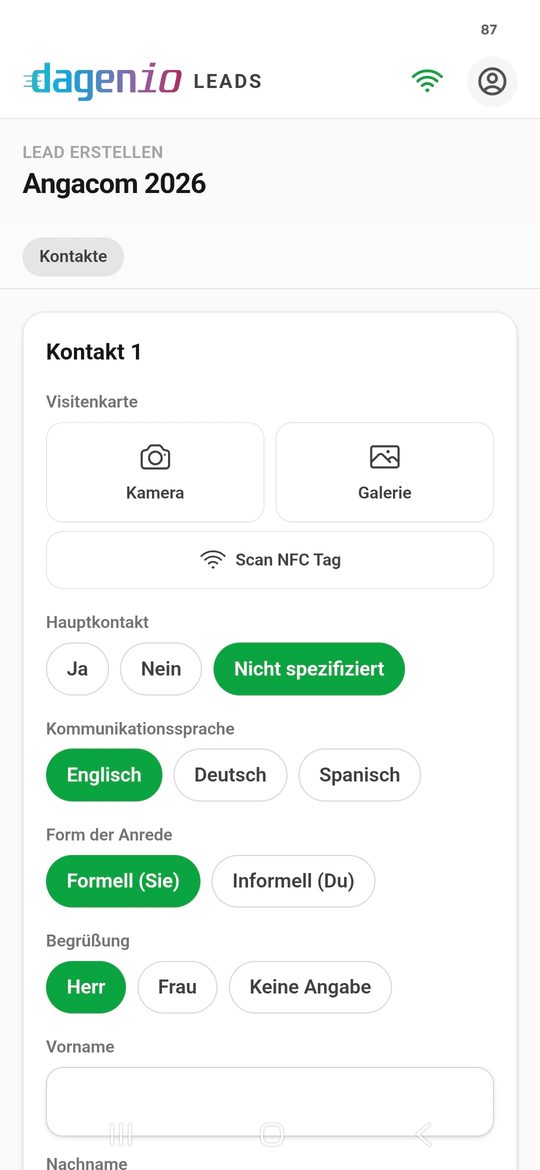 Lead-Erstellung in der Dagenio LEADS App