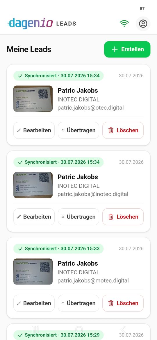 Lead-Liste in der Dagenio LEADS App